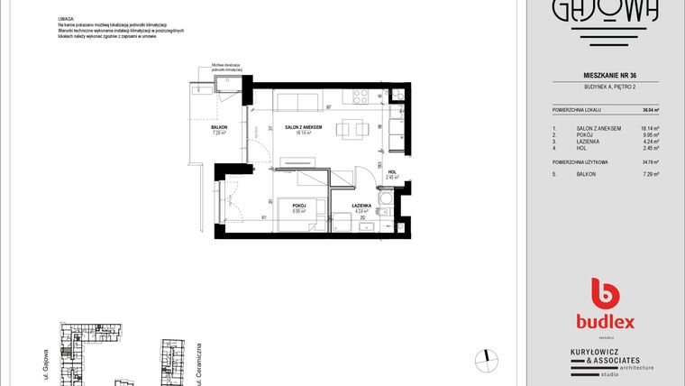 Rzut - Mieszkanie na sprzedaż 2 pokoje o powierzchni 35,28 m² - numer 36 w Gajowa bud. A