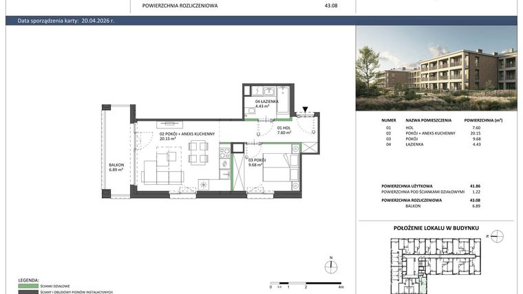 Rzut - Mieszkanie na sprzedaż 2 pokoje o powierzchni 41,86 m² - numer B-45 w Hillence etap 2