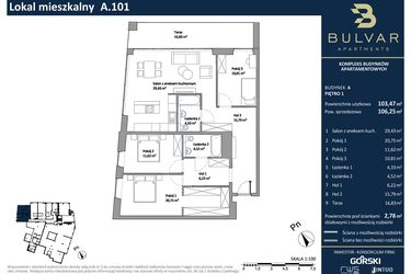 Rzut - Mieszkanie na sprzedaż 4 pokoje o powierzchni 103,47 m² - numer A.101 w Bulvar Apartments - etap I