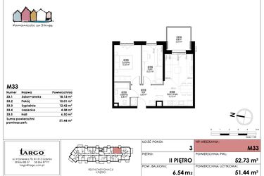 Rzut - Mieszkanie na sprzedaż 3 pokoje o powierzchni 51,44 m² - numer M33 w Kamieniczki za Strugą