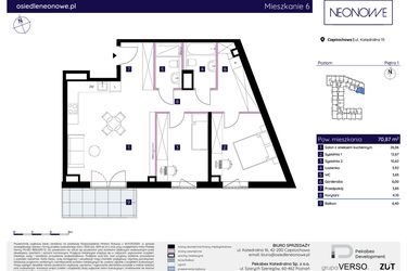 Rzut - Mieszkanie na sprzedaż 3 pokoje o powierzchni 70,87 m² - numer 15/6 w Osiedle Neonowe