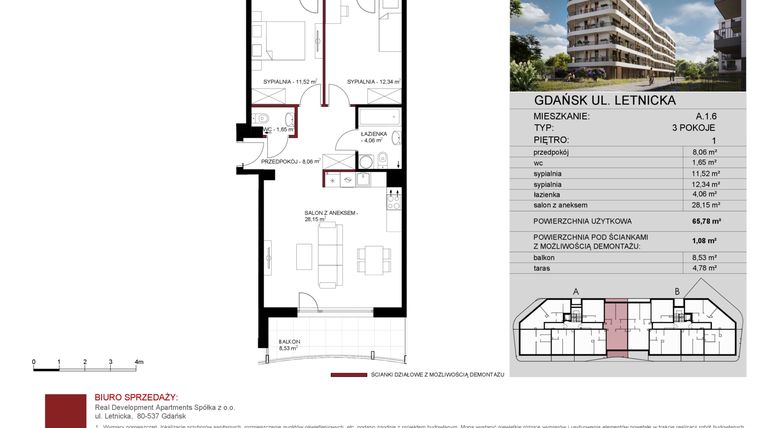 Rzut - Mieszkanie na sprzedaż 3 pokoje o powierzchni 65,78 m² - numer A.1.06 w Letnicka Residence