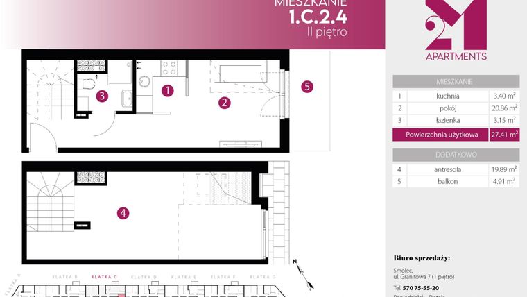 Rzut - Mieszkanie na sprzedaż 2 pokoje o powierzchni 47,3 m² - numer 1.C.2.4 w 2M Apartments etap IV