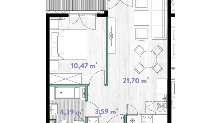 Rzut - Mieszkanie na sprzedaż 2 pokoje o powierzchni 40,13 m² - numer A.02.13 w Do Wilgi