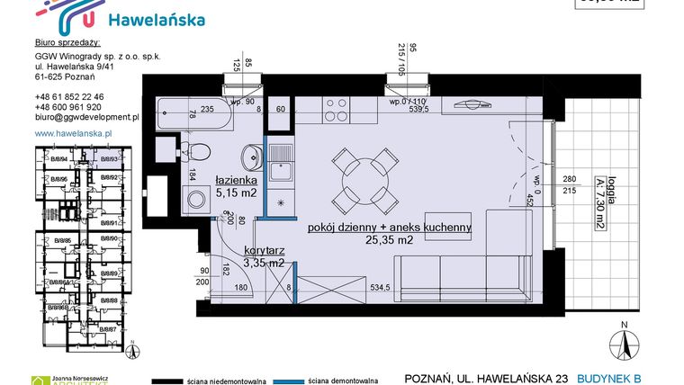 Rzut - Mieszkanie na sprzedaż 1 pokój o powierzchni 33,85 m² - numer B/8/93 w Osiedle Hawelańska etap III - bud. B