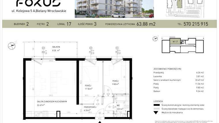 Rzut - Mieszkanie na sprzedaż 3 pokoje o powierzchni 63,88 m² - numer B2-17 w Fokus Bielany