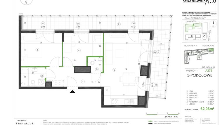 Rzut - Mieszkanie na sprzedaż 3 pokoje o powierzchni 62,06 m² - numer A275 w Grzybowska 85