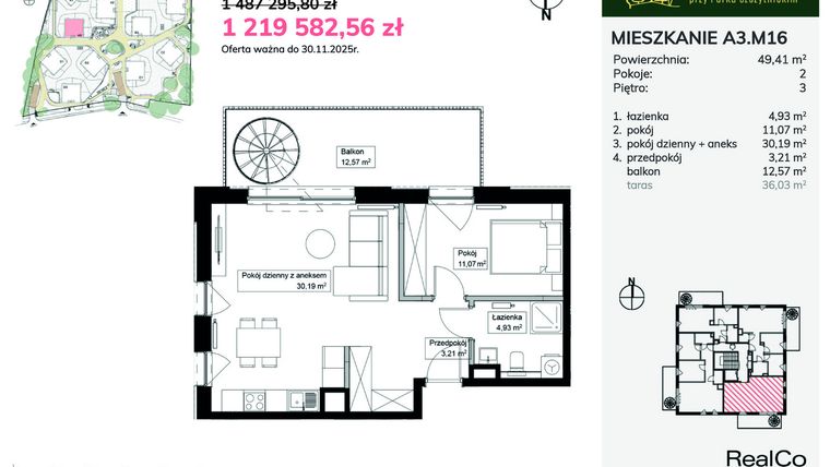 Rzut - Mieszkanie na sprzedaż 2 pokoje o powierzchni 49,41 m² - numer A3.M16 w Apartamenty przy Parku Szczytnickim