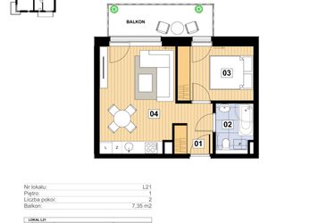 Rzut - Mieszkanie na sprzedaż 2 pokoje o powierzchni 34,66 m² - numer L-21 w Mickiewicza 21 Residence