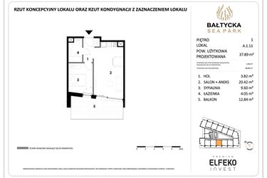 Rzut - Mieszkanie na sprzedaż 2 pokoje o powierzchni 37,89 m² - numer A.1.11 w Bałtycka Sea Park