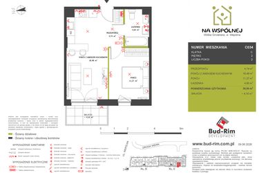 Rzut - Mieszkanie na sprzedaż 2 pokoje o powierzchni 39,09 m² - numer C34 w Na Wspólnej etap 2