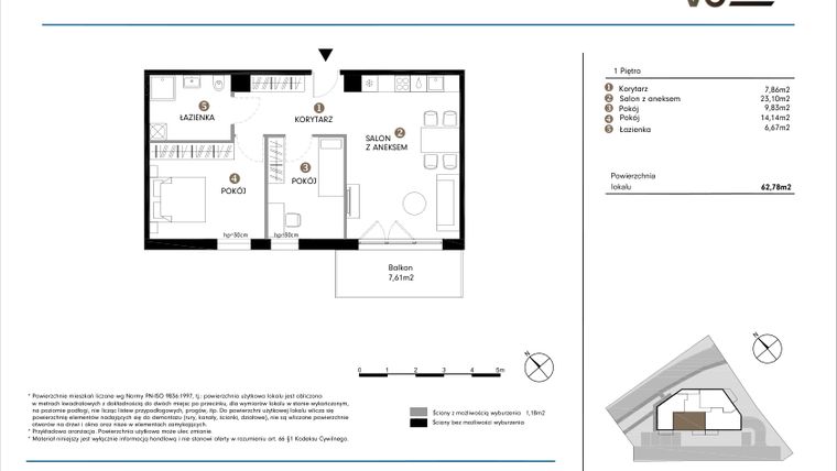 Rzut - Mieszkanie na sprzedaż 3 pokoje o powierzchni 62,78 m² - numer 1.3-M3 w NOVO 30