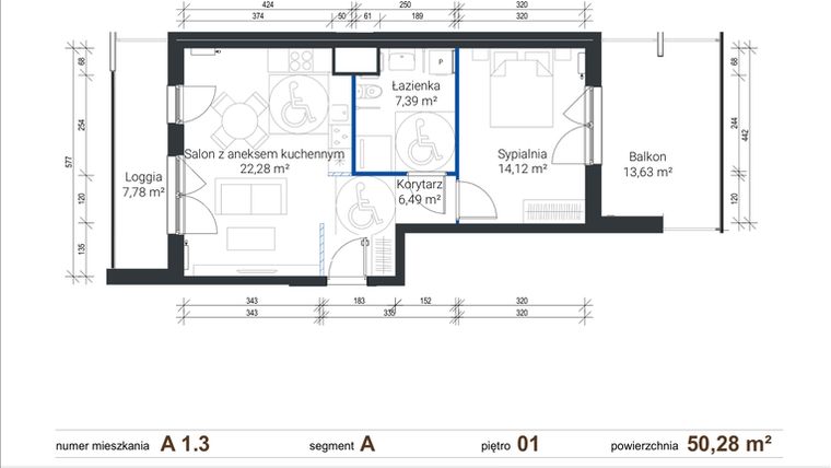 Rzut - Mieszkanie na sprzedaż 2 pokoje o powierzchni 50,28 m² - numer A 1.3 w Nowe Zabłocie