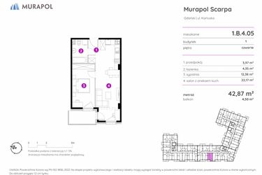 Rzut - Mieszkanie na sprzedaż 2 pokoje o powierzchni 42,87 m² - numer 1.B.4.05 w Murapol Scarpa