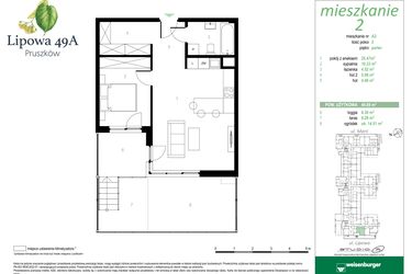 Rzut - Mieszkanie na sprzedaż 2 pokoje o powierzchni 49,89 m² - numer 2A w Lipowa 49A