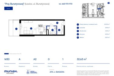 Rzut - Mieszkanie na sprzedaż 1 pokój o powierzchni 32,63 m² - numer 30A w Przy Bursztynowej