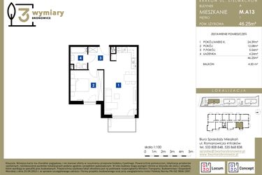 Rzut - Mieszkanie na sprzedaż 2 pokoje o powierzchni 46,25 m² - numer M.A13 w 3 Wymiary Bronowice
