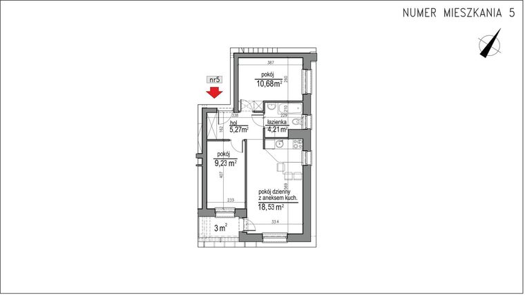 Rzut - Mieszkanie na sprzedaż 3 pokoje o powierzchni 47,92 m² - numer 1m.5 w Osiedle Rytm