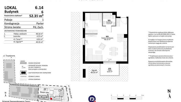 Rzut - Mieszkanie na sprzedaż 2 pokoje o powierzchni 52,39 m² - numer 6.14 w Pino Resort