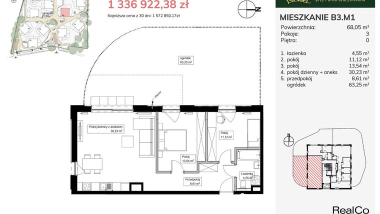 Rzut - Mieszkanie na sprzedaż 3 pokoje o powierzchni 68,05 m² - numer B3.M1 w Apartamenty przy Parku Szczytnickim