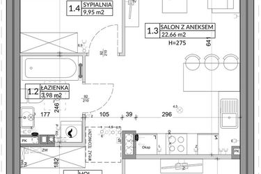 Rzut - Mieszkanie na sprzedaż 3 pokoje o powierzchni 56,89 m² - numer 12B w Osiedle Młodych