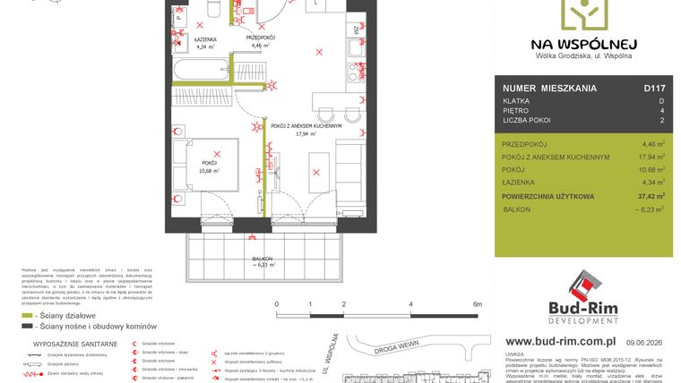 Rzut - Mieszkanie na sprzedaż 2 pokoje o powierzchni 37,42 m² - numer D117 w Na Wspólnej etap 2