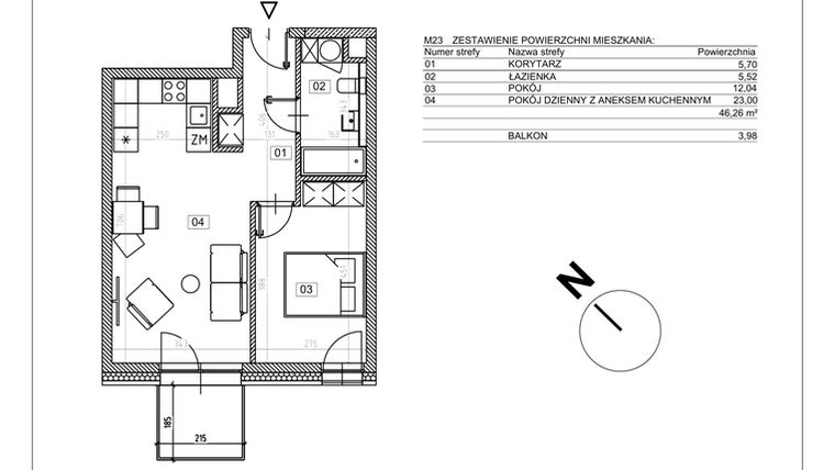 Rzut - Mieszkanie na sprzedaż 2 pokoje o powierzchni 46,26 m² - numer J.M23 w Osiedle Glivia Zachodnia