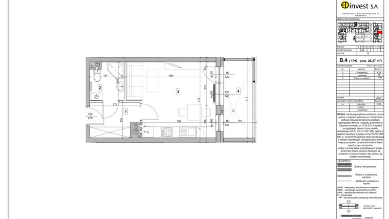 Rzut - Mieszkanie na sprzedaż 1 pokój o powierzchni 26,27 m² - numer B4 w Osiedle Orlik