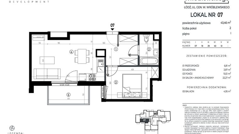 Rzut - Mieszkanie na sprzedaż 2 pokoje o powierzchni 43,46 m² - numer A07 w Wróblewskiego