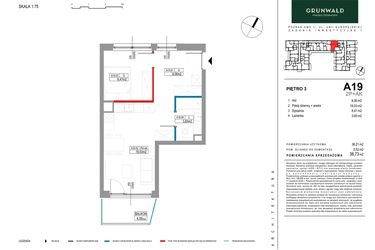 Rzut - Mieszkanie na sprzedaż 2 pokoje o powierzchni 38,73 m² - numer A019 w Grunwald Między Drzewami etap II