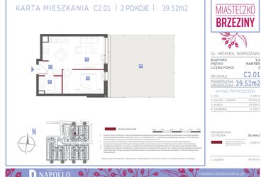 Rzut - Mieszkanie na sprzedaż 2 pokoje o powierzchni 39,52 m² - numer C2.01 w Miasteczko Brzeziny II