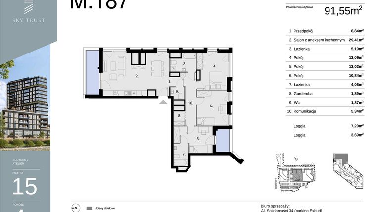 Rzut - Mieszkanie na sprzedaż 4 pokoje o powierzchni 91,55 m² - numer M187 w Sky Trust etap II