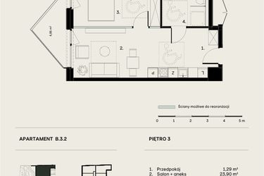 Rzut - Mieszkanie na sprzedaż 2 pokoje o powierzchni 44,27 m² - numer B/3/2 w Ogrodowa 12