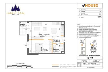 Rzut - Mieszkanie na sprzedaż 2 pokoje o powierzchni 43,58 m² - numer B.19 w Forest Park Kajetany
