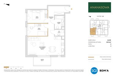Rzut - Mieszkanie na sprzedaż 3 pokoje o powierzchni 69,16 m² - numer A.2.05 w Ananasowa