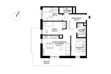 Rzut - Mieszkanie na sprzedaż 4 pokoje o powierzchni 67,85 m² - numer M14 w KWADRAT etap 2