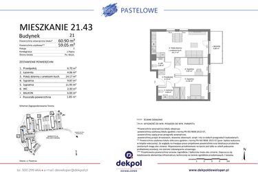 Rzut - Mieszkanie na sprzedaż 3 pokoje o powierzchni 59,05 m² - numer 21.43 w Osiedle Pastelowe etap IV