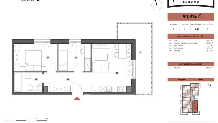 Rzut - Mieszkanie na sprzedaż 3 pokoje o powierzchni 50,83 m² - numer D.10 w Premiera Bemowo