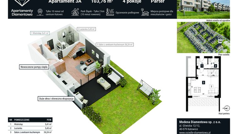Rzut - Mieszkanie na sprzedaż 4 pokoje o powierzchni 103,64 m² - numer 3A w Apartamenty Diamentowa