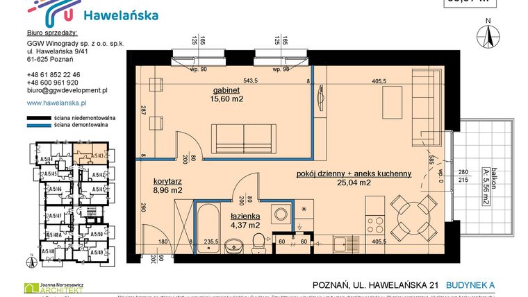 Rzut - Mieszkanie na sprzedaż 2 pokoje o powierzchni 54,33 m² - numer A/5/43 w Osiedle Hawelańska etap III - bud. A