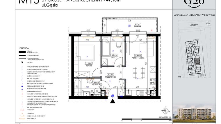 Rzut - Mieszkanie na sprzedaż 3 pokoje o powierzchni 47,16 m² - numer 15 w Gęsia 26