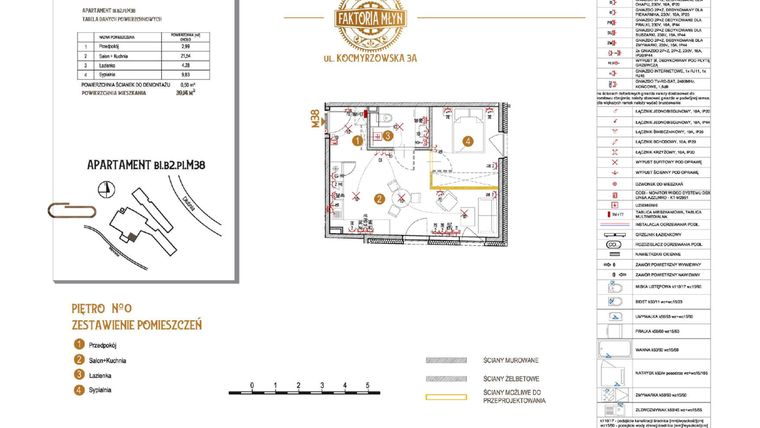 Rzut - Mieszkanie na sprzedaż 2 pokoje o powierzchni 39,14 m² - numer B1.B2.P1.M38 w Faktoria Młyn
