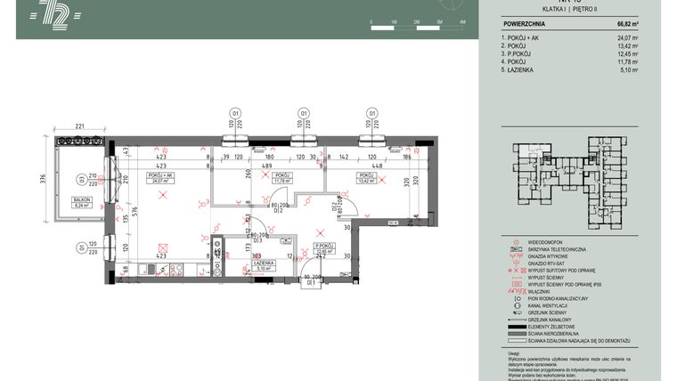 Rzut - Mieszkanie na sprzedaż 3 pokoje o powierzchni 66,96 m² - numer 13 w Wspólnota Mieszkaniowa Gajowa 72