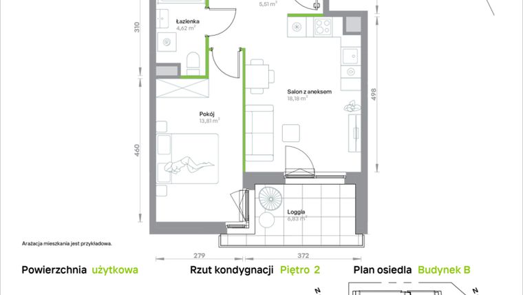 Rzut - Mieszkanie na sprzedaż 2 pokoje o powierzchni 42,12 m² - numer B/2/10 w Krakowska Vita
