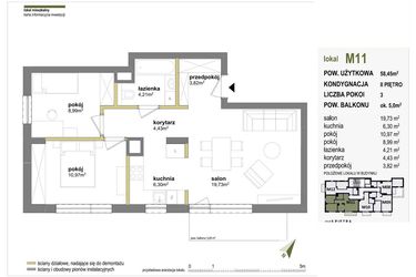 Rzut - Mieszkanie na sprzedaż 3 pokoje o powierzchni 58,45 m² - numer M11 w Międzylesie przy lesie