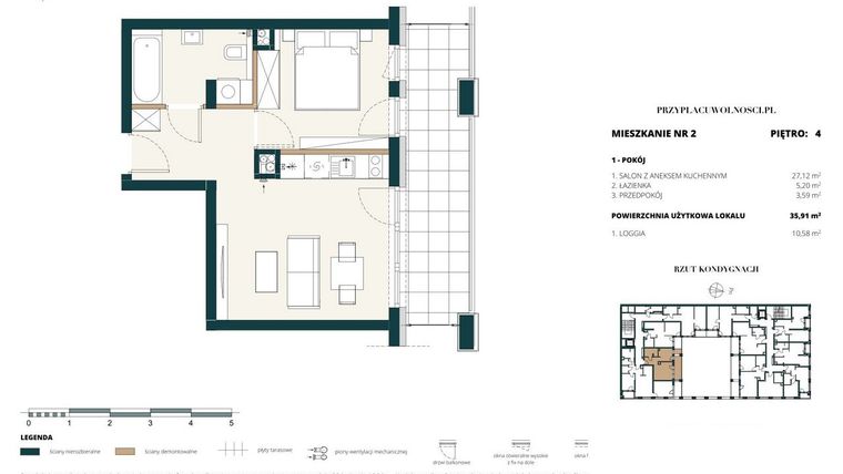 Rzut - Mieszkanie na sprzedaż 1 pokój o powierzchni 35,9 m² - numer 4. M2. w Przy Placu Wolności