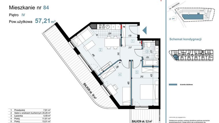 Rzut - Mieszkanie na sprzedaż 3 pokoje o powierzchni 57,21 m² - numer 84 w Medyków 32