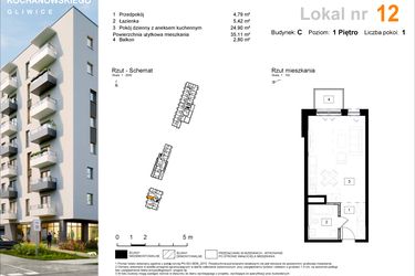Rzut - Mieszkanie na sprzedaż 1 pokój o powierzchni 35,11 m² - numer C.12 w Osiedle Kochanowskiego - Gliwice