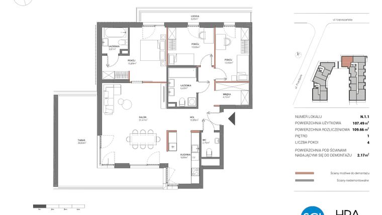Rzut - Mieszkanie na sprzedaż 4 pokoje o powierzchni 107,93 m² - numer N.1.1 w Łopuszańska 47 - etap 4