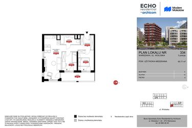 Rzut - Mieszkanie na sprzedaż 3 pokoje o powierzchni 60,71 m² - numer A.334 w Modern Mokotów etap 1 budynek A, B1 i B2
